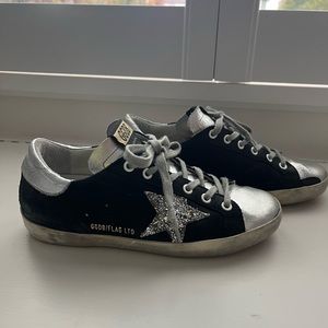 Golden Goose Superstar Sneakers, Black with Silver Star, Size 37 EU